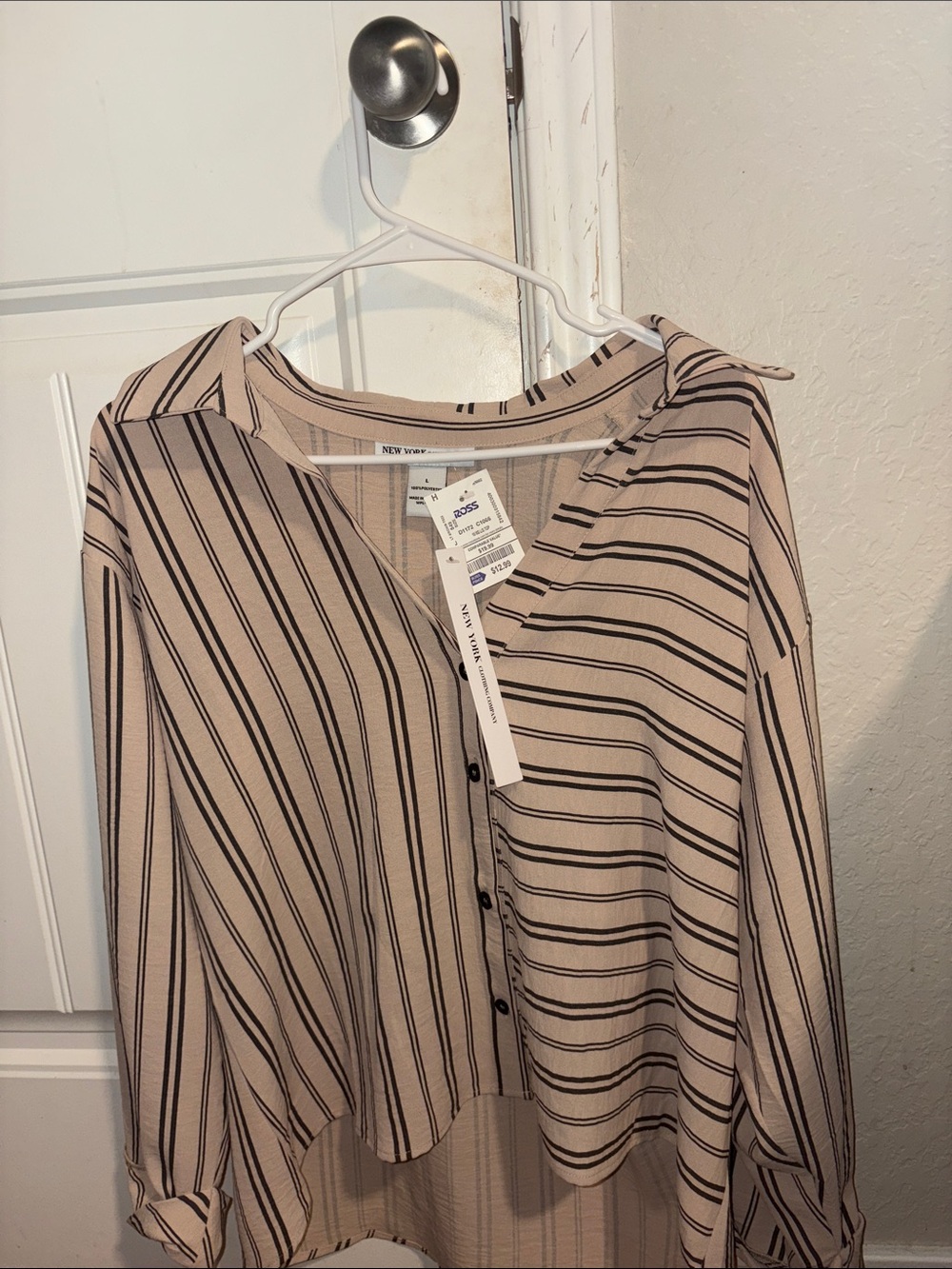 New York & Company Beige and Black Striped Button-Down Top